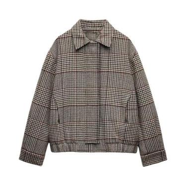 Imagem de Jaqueta Casual Feminina Xadrez Estilo Piloto Manga Longa Versátil Para