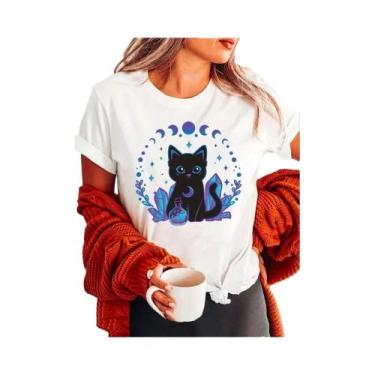 Imagem de Camiseta De Algodão Com Estampa De Gato Preto Para Mulheres, Manga Cur