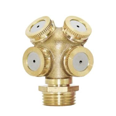 Imagem de GQQGSHOP Pacote com 10 bocais de nebulização de latão com 4 furos, pulverizador de água de névoa, bicos de neblina para sistema de refrigeração, estufa, paisagismo, controle de poeira, orifício de