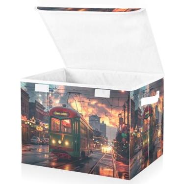 Imagem de Blueangle Caixotes de armazenamento Town Tram com tampas, 42 x 32 x 30 cm, grande cesta organizadora dobrável para decoração de escritório e armário (489)