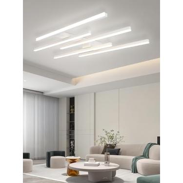 Imagem de Luminária de teto LED moderna com design geométrico, dimerizável, com controle remoto, em formato de faixa, feita de acrílico, ideal para hall de entrada, quarto e sala de jantar (branca, 5