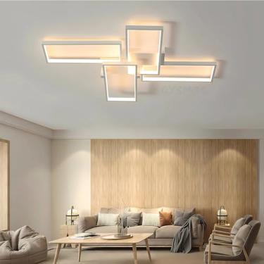 Imagem de Luminária de teto LED moderna retangular para sala de estar, em alumínio e acrílico, com controle remoto e regulagem de intensidade. Ideal para ambientes internos (branca, 90 cm).