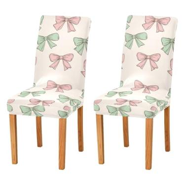 Imagem de SEHANY Conjunto de 2 capas de cadeira com laço de bolinhas rosa para sala de jantar, elástico, removível e lavável, para cozinha, hotel, festa, Natal