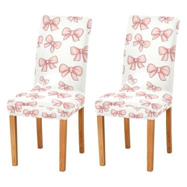 Imagem de SEHANY Conjunto de 4 capas de cadeira com laço de bolinhas rosa para sala de jantar, elástico, removível e lavável, para cozinha, hotel, festa, Natal