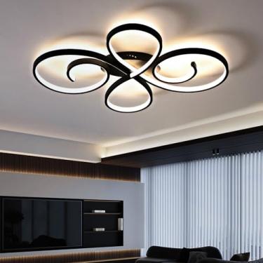 Imagem de Lustre de teto moderno e minimalista com design curvo, controle remoto por aplicativo, função de memória, dimmer, timer e 3 opções de cores de luz para sala de estar, na cor preta.