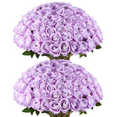 Imagem de DuHouse 50 peças de flores artificiais de rosas brancas, volume de rosas de veludo falso, buquê de rosas artificiais com hastes longas para decoração de centro de festa de casamento (Roxo)