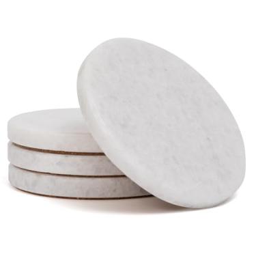 Imagem de YONGHEE Conjunto de 4 porta-copos de mármore branco, elegante, moderno, redondo, para decoração de mesa de café, porta-copos de pedra semiabsorvente para bebidas, 10 cm
