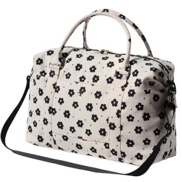 Imagem de ESVAN Bolsa de viagem para academia, bolsa de mão para o fim de semana, bolsa tiracolo com bolso molhado e manga de carrinho atualizada, Flor preta de veludo cotelê, Tendência