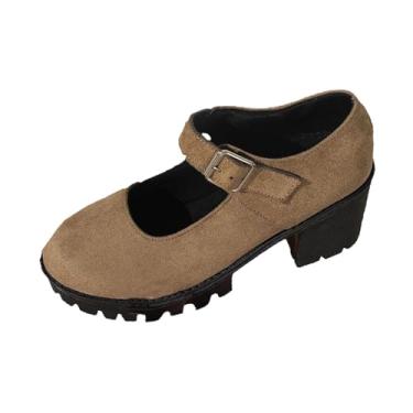 Imagem de Mocassins femininos modernos, casuais, sólidos, bico redondo, salto médio, camurça flocada, Caqui, 36