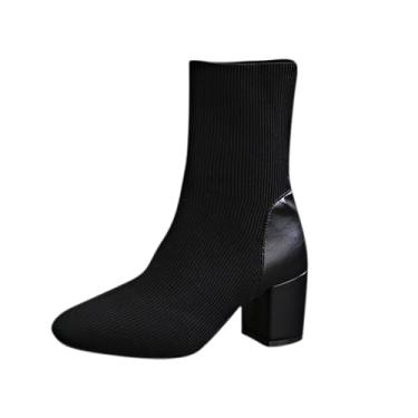 Imagem de Botas de cano médio para mulheres, design casual de bico redondo com salto alto e ajuste confortável, Preto, 38
