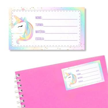 Imagem de Kit 14 Etiquetas Escolares M Unicórnio Rosa Caderno Menina Infantil Personalizado Adesivo Volta as Aulas