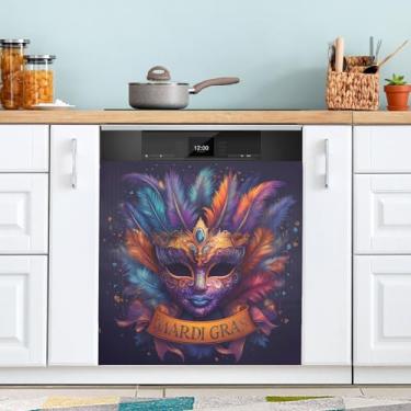 Imagem de ATTX Máscara colorida Mardi Gras capa magnética para lava-louças | Adesivo decorativo de eletrodomésticos de 58 x 66 cm para armários domésticos e eletrodomésticos (126)