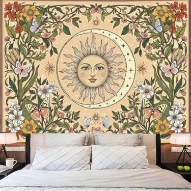Imagem de Accnicc Tapeçaria Boho Sol e Lua Tapeçaria de Parede Floral Vintage para Quarto Estética Bege Planta Celestial Flor Borboleta Grandes Tapeçarias Penduradas na Parede para Sala de Estar Dormitório 203