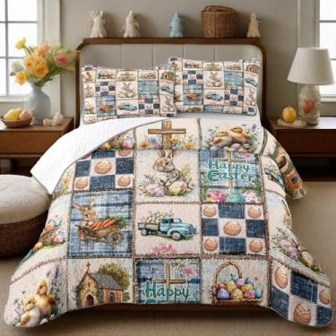 Imagem de NIDITW Conjunto de colcha de 3 peças de patchwork de Páscoa, tamanho queen, coelho, azul ovo, com 2 fronhas, conjunto de roupa de cama de microfibra leve e macia, para decoração de quarto, presente