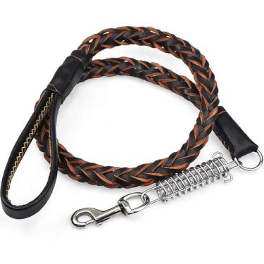 Imagem de Trelas de couro trançado para cães, comprimento de 1,2 m, design amortecedor, coleira de treinamento resistente para cães grandes, médios e pequenos (preto)
