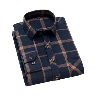 Imagem de Camisa De Flanela De Algodão Masculina De Manga Longa Com Estampa Xadr