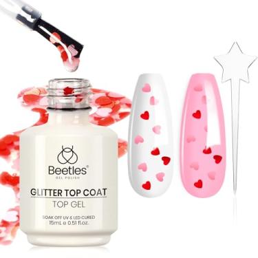 Imagem de Beetles Gel Polish Top coat de gel de cor rosa transparente de 15 ml com formato de coração rosa e vermelho, esmalte de vidro de absorção UV sem limpeza, besouros românticos coração glitter top coat