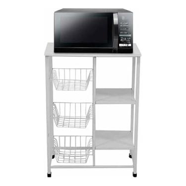 Imagem de Fruteira com 3 Cestos e Suporte de Chão para Micro-ondas, Bebedouro e Galão de Água em Aço(Branco)