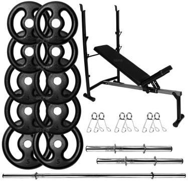 Imagem de Kit Musculação 30Kg Anilhas com Barras de 40cm e 1,50m + Banco Supino Ajustável-Unissex