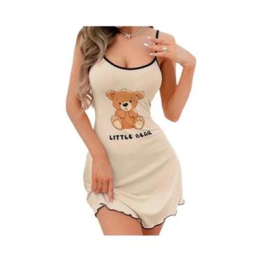 Imagem de Camisola Feminina Com Estampa De Urso Fofo, Alças Finas, Vestido De Do