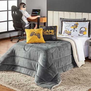 Imagem de Kit Coberdrom Game Streamer Cinza C/ Almofadas Solteiro 04 Peças - Dupla Face Sherpa E Mantinha