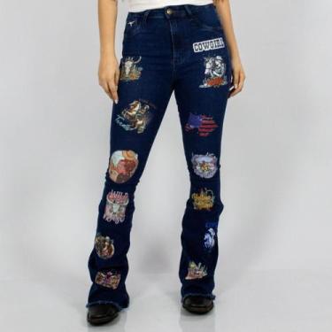 Imagem de Calça Jeans Feminina Azul Flare Western Design Estampada Moda Country 