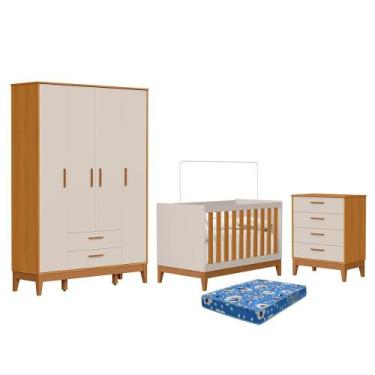 Imagem de Dormitório Infantil Flip Guarda Roupa 4 Portas, Cômoda 4 Gavetas e Ber