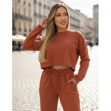 Imagem de Conjunto Moletom Cropped Com Calça Pantalona Abrigo Moda Feminina Bols