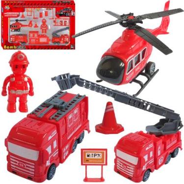 Imagem de Kit Brinquedo Bombeiro Carrinho Caminhões Fricção 13 Itens - Toy King,