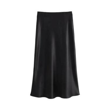 Imagem de Saia Midi De Cetim Preta Para Mulheres, Cintura Alta, Saia Verde Flare