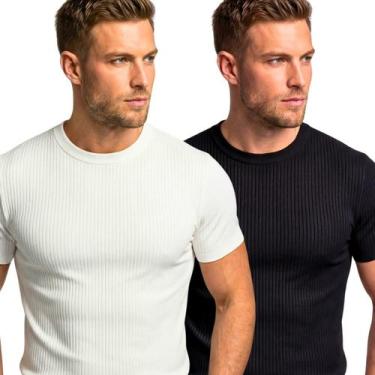 Imagem de Kit 2 Camisetas Masculinas Caneladas Slim Fit Manga Curta Academia Tre