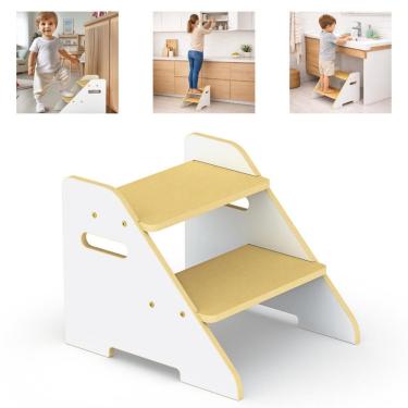 Imagem de Escadinha Infantil Montessori 2 Degraus MDF 2 em 1 Banquinho e Escada com Alças Laterais Até 35kg