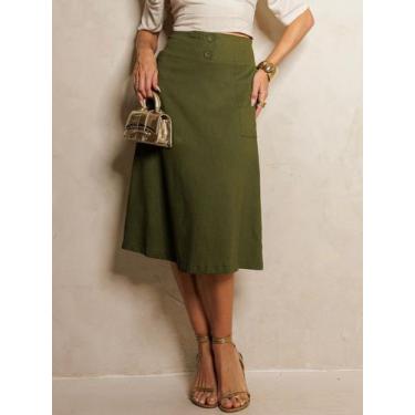 Imagem de Saia Midi de Linho com Caimento Elegante e Botões Forrados - Própria, 