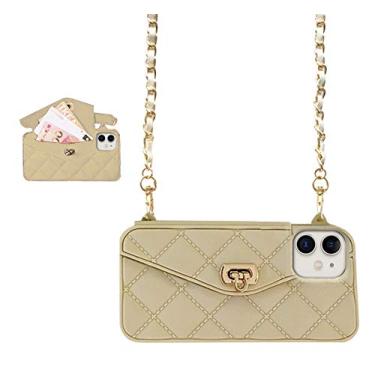 Imagem de UnnFiko Capa carteira compatível com iPhone Mini, design de bolsa luxuosa leve e fofa, capa flip para cartão, capa de silicone macio com alça de ombro longa (Caqui, iPhone 12 Mini)