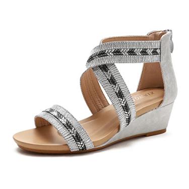 Imagem de Sandália feminina anabela minimalista cruzada tira no tornozelo sapatos romanos zíper nas costas casual verão, 1, prata, 38 BR