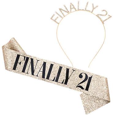 Imagem de Conjunto de faixas de cabelo "Finally 21" faixa e strass - Presentes de aniversário de 21 anos Faixa de aniversário para mulheres materiais de festa de aniversário (glitter dourado/preto)