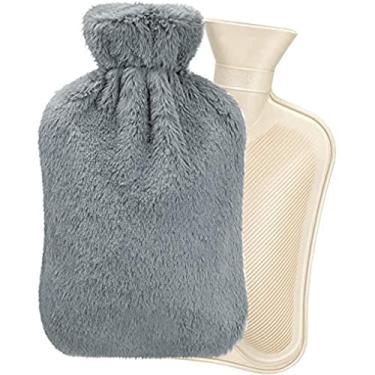 Imagem de Garrafa de água quente, sacos de água quente de 2L com capa fofa quente, bolsa de água 2 em 1 para compressa fria e quente, presente doce para o inverno frio (cinza)