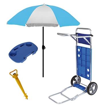 Imagem de Kit Carrinho De Praia Com Avanço + Mesa Portatil + Guarda Sol 1,8m Articulável + Saca Areia - Mor - Azul Claro