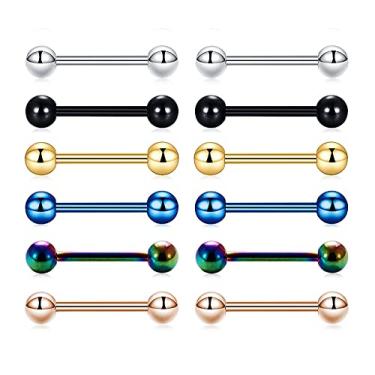 Imagem de Amoina 12 peças 14G multicoloridas aço inoxidável barra reta anéis de língua piercing 5/8" comprimento hipoalergênico, Aço inoxidável, Sem pedra preciosa