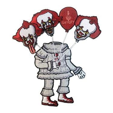 Imagem de Palhaço assustador sem cabeça com buquê de balões de cabeça de palhaço paródia do filme de terror - aplique bordado com ferro
