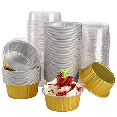 Imagem de DEAYOU 100 peças de ramekins para cupcakes muffins, 142 g forros para cupcake com tampas, mini formas de torta de 7,62 cm suporte para suflê, pudim, festas, casamento, ouro