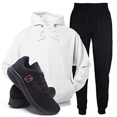 Imagem de Conjunto Blusa e Calça Moletom + Tenis Academia Casual Conforto - Branco/PretoRosa - M/36