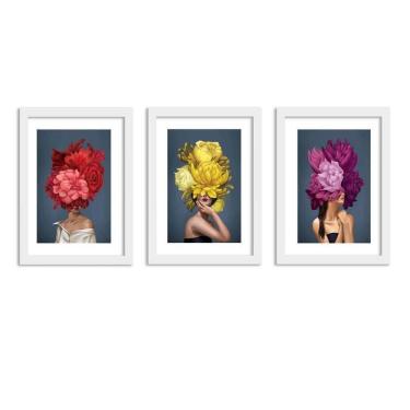 Imagem de Kit 3 Quadros Decorativos Com Moldura Branca Mulher Flores