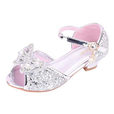 Imagem de Sandálias bege para meninas tamanho 6 sapatos infantis com diamante brilhante sandálias princesa laço sandália infantil menina, Prata, 2 Little Kid