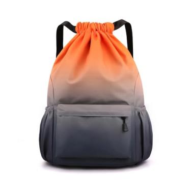 Imagem de Mochila com cordão, bolsa de ginástica, impermeável, pequena mochila para esportes de praia, mochila casual de nylon gradiente de cor, Laranja, cinza, Large:34cm*15cm*48cm