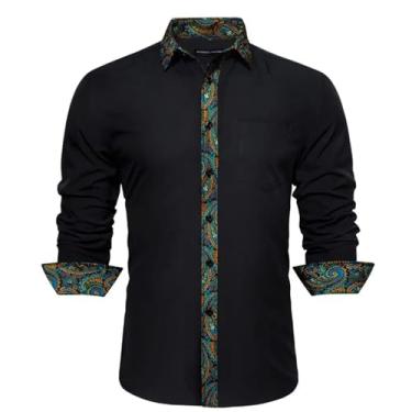 Imagem de Camisas masculinas de seda manga longa azul-petróleo sólido patch Paisley Slim blusa masculina Casaul lapela tops primavera outono, 0340, M