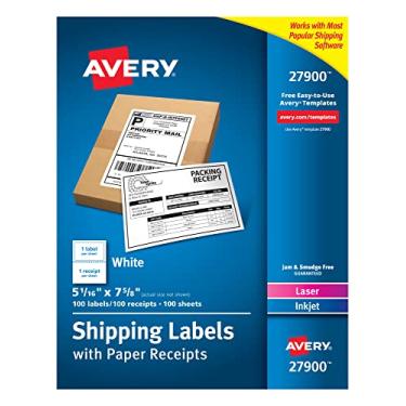 Imagem de Avery Etiquetas brancas de envio com recibos de papel, 13,5 x 19,5 cm, pacote com 100 (27900)