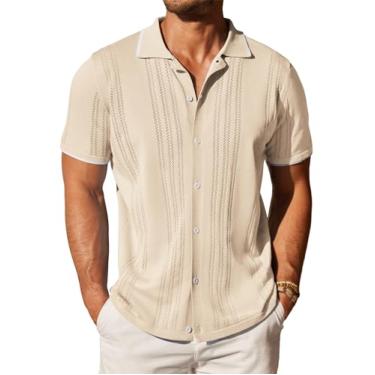 Imagem de COOFANDY Camisa polo masculina de malha com botões vintage de manga curta casual para praia, Creme, 3G