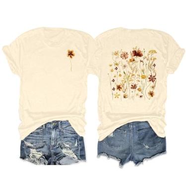 Imagem de Anbech Camisetas femininas com estampa de flores silvestres boho, manga curta, caimento solto, Creme, M