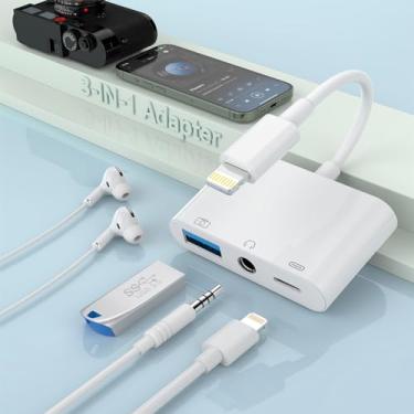 Imagem de MTAKYA Fone de Ouvido Lightning 3 em 1 para Conector de 3,5 mm + Carregador + Adaptador de Câmera, Certificado Apple MFi, Compatível com iPhone e iPad